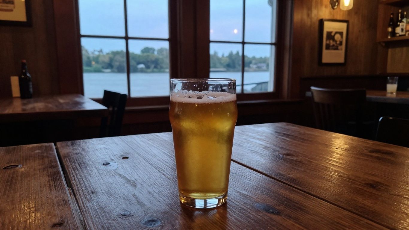 A glass of beer on a wooden table in a dim restaurant with a lake view through the window.