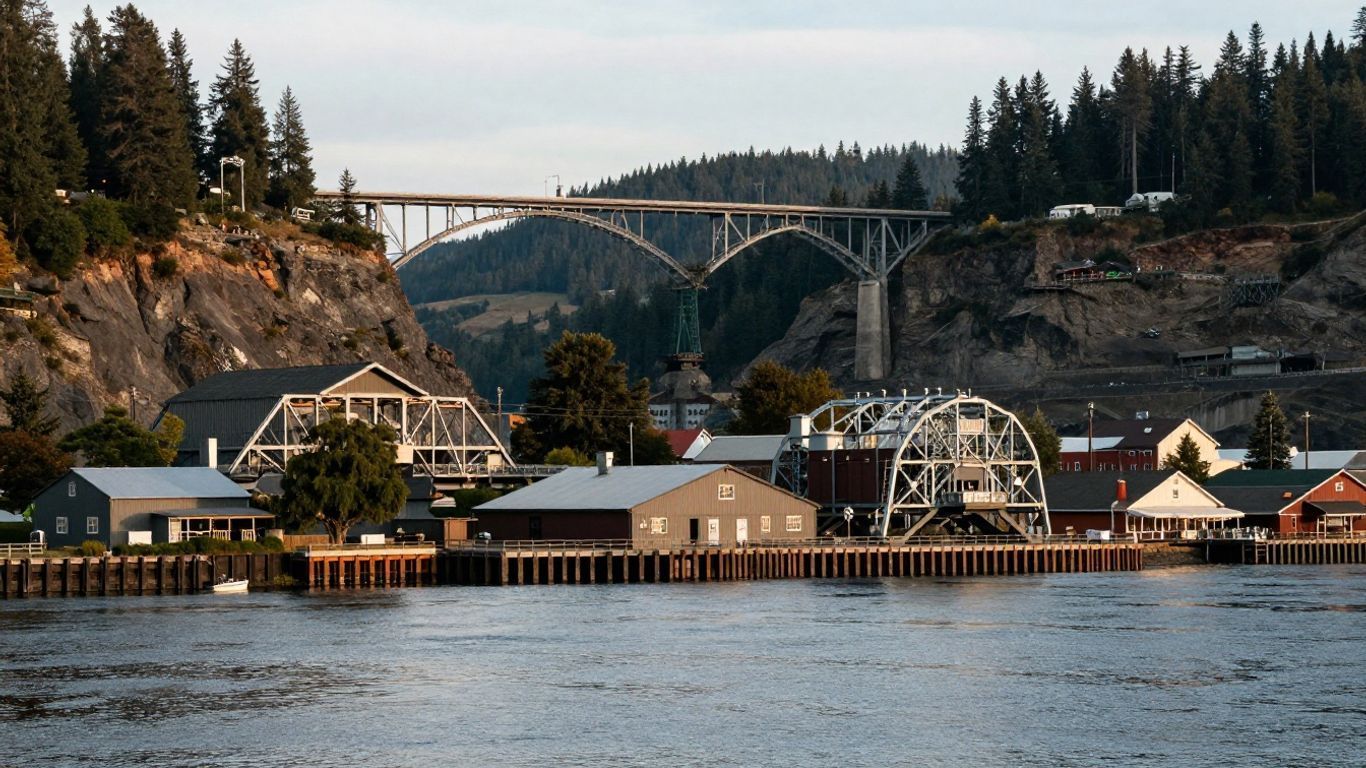 Waterfront village at dusk with a large arch bridge and forested cliffs in the background