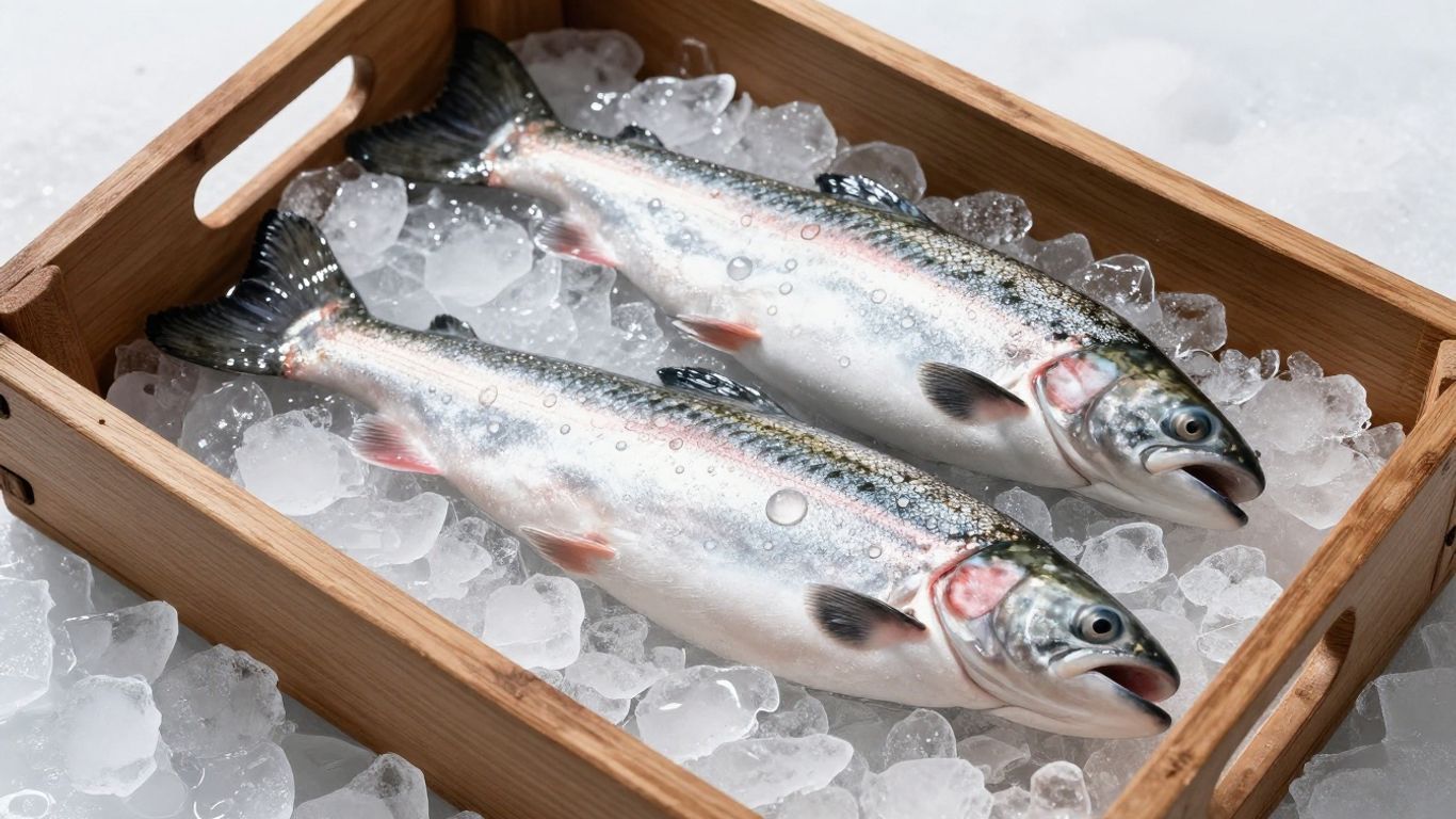 Two fresh fish on ice in a wooden crate
