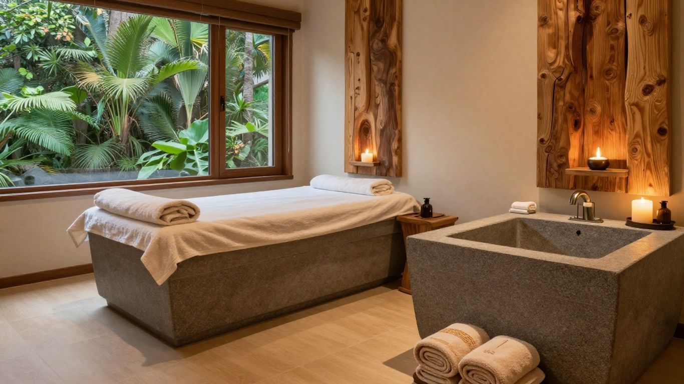 Spa treatment room with massage table, soaking tub, and tropical view through a large window