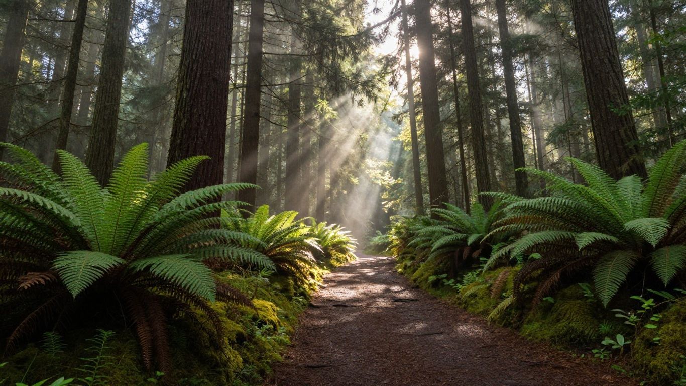 Sunlight streams through a dense forest of tall trees and lush ferns along a dirt path.