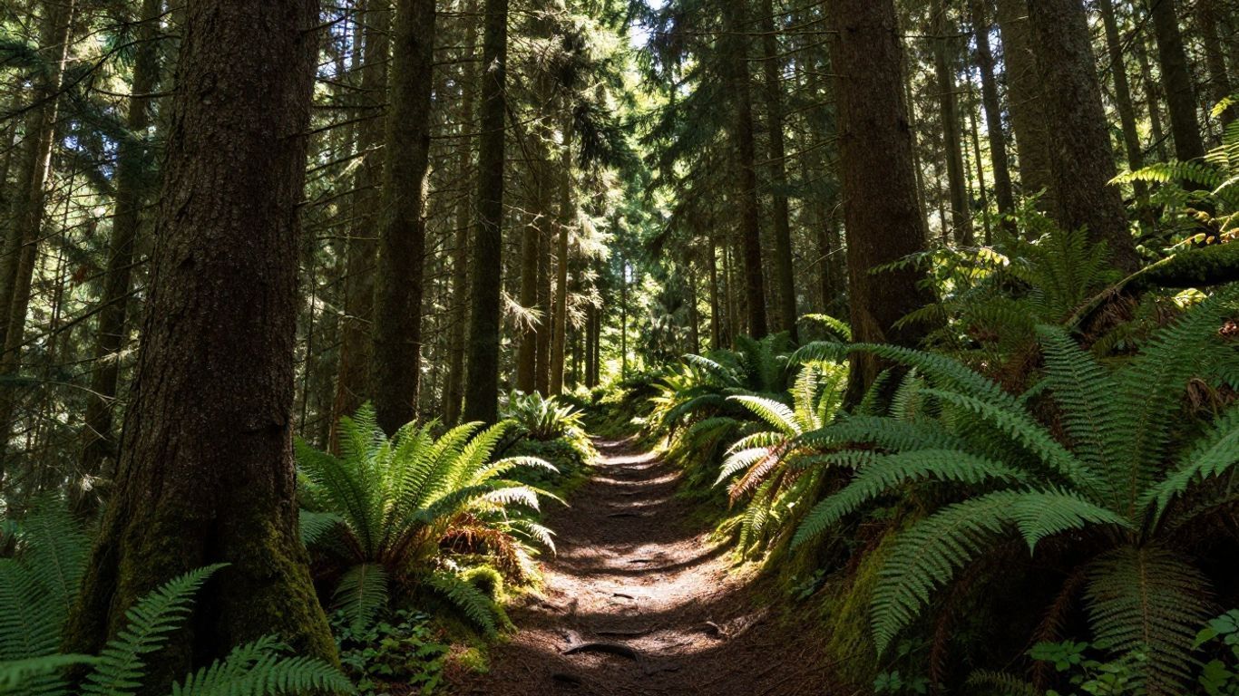 Sunlit forest path lined with tall trees and lush ferns