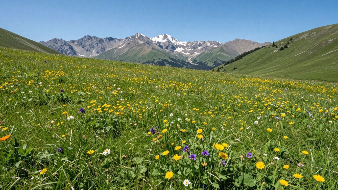 Wildflower meadow in green mountain valley with snow-capped peaks under a blue sky
