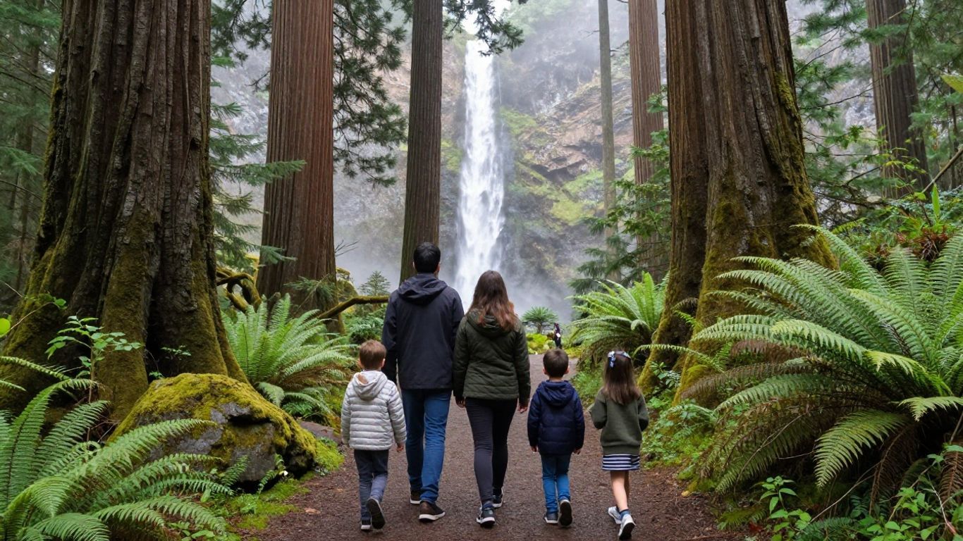 Five people walk along a forest path toward a tall waterfall surrounded by lush ferns and redwood trees.