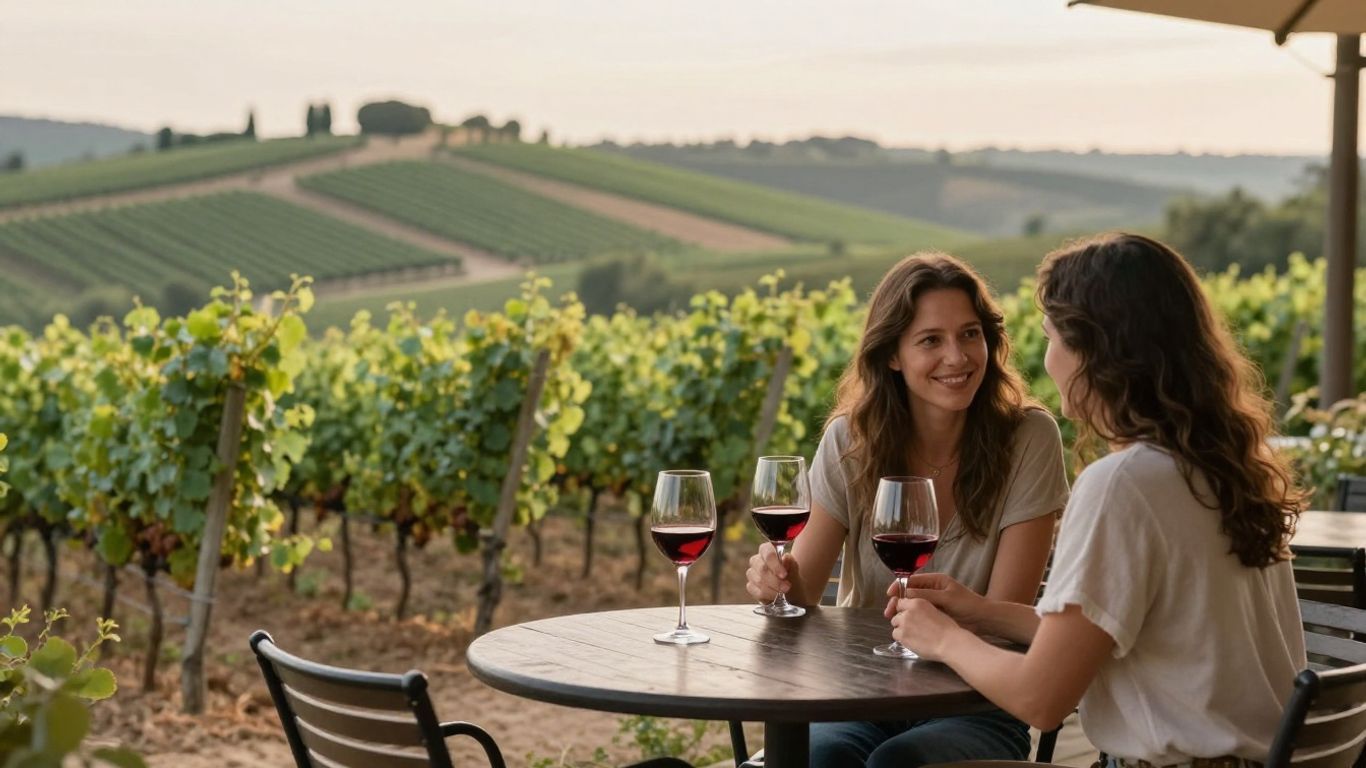 Two women chat at a vineyard table with wine glasses, overlooking sunlit rolling hills.