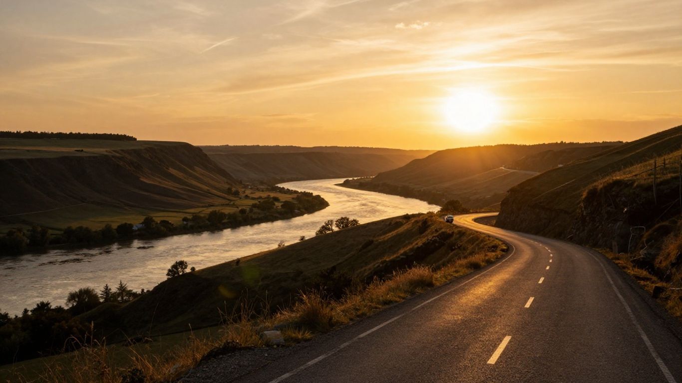 Sunset over a winding river and road through a rugged valley