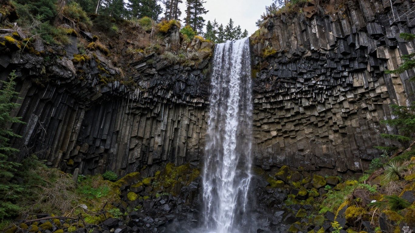 Tall waterfall dropping over a dark basalt cliff with moss and sparse trees above