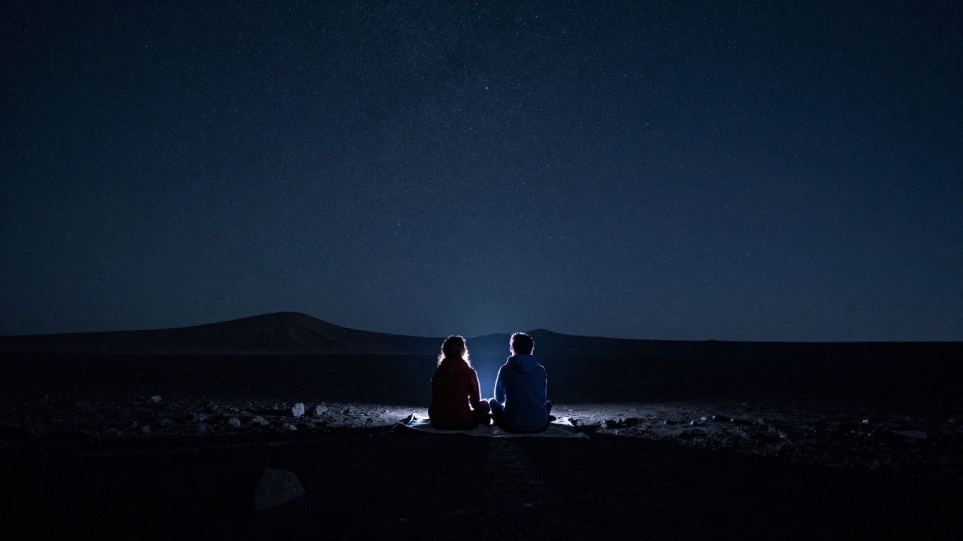 Two people sit by a small fire on a dark beach under a starry night sky.