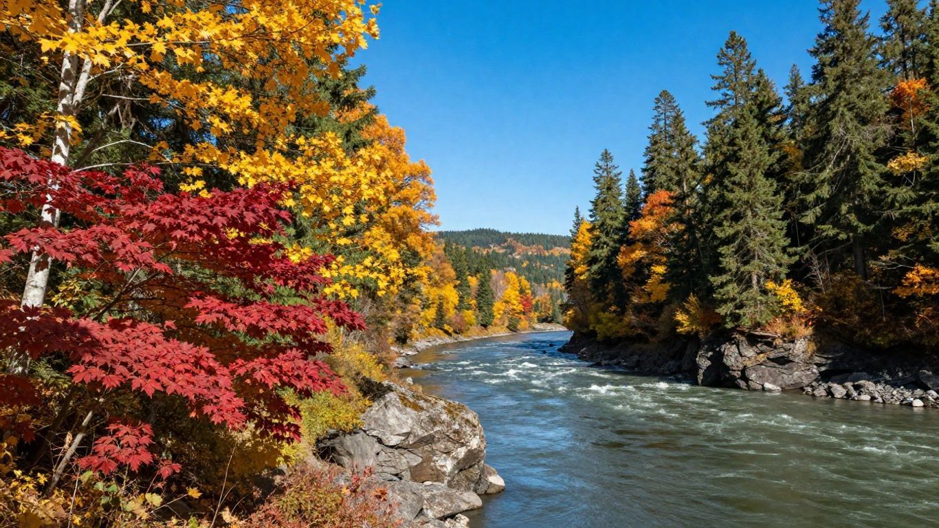Autumn trees lining a rocky river under a clear blue sky