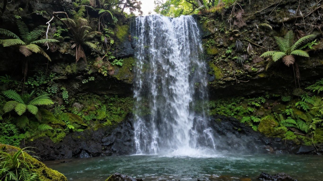 Waterfall cascading into a clear pool, surrounded by lush green ferns and dark rocks.