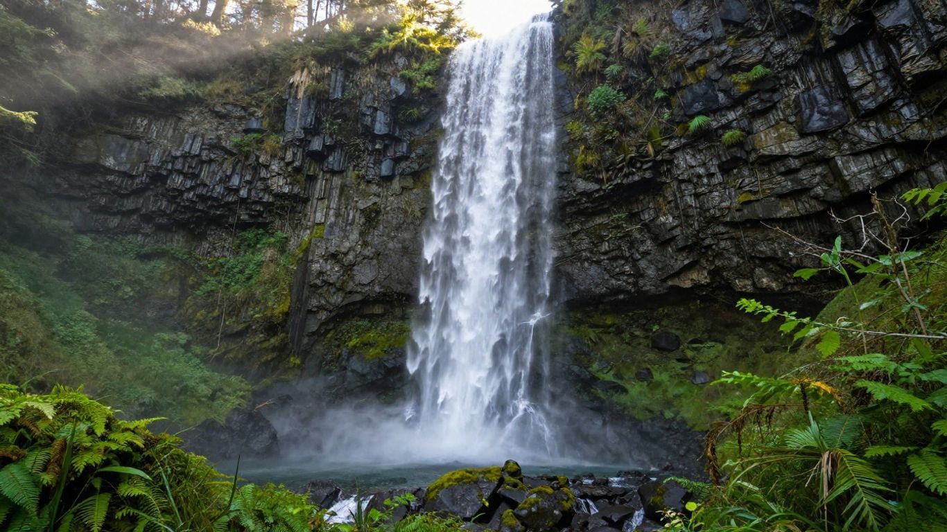 Waterfall cascading into a misty pool, surrounded by mossy rocks and lush green forest.