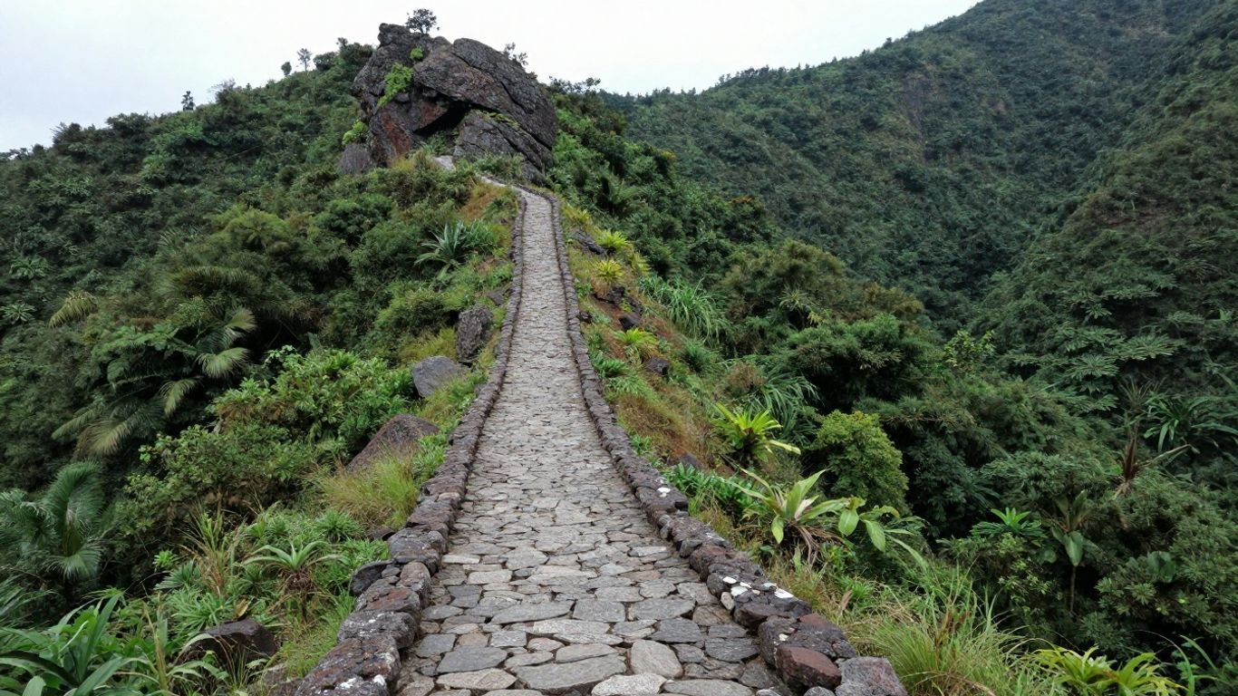 Stone path winding up a lush green mountain ridge toward a rocky peak