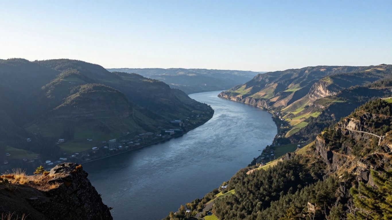 Winding blue river through a green mountain valley under clear sky