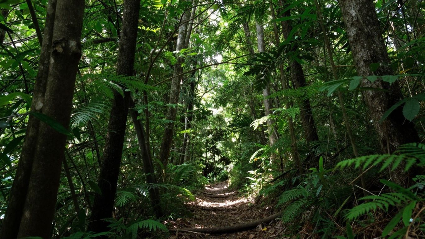 Sunlit forest path lined with tall green trees and dense foliage