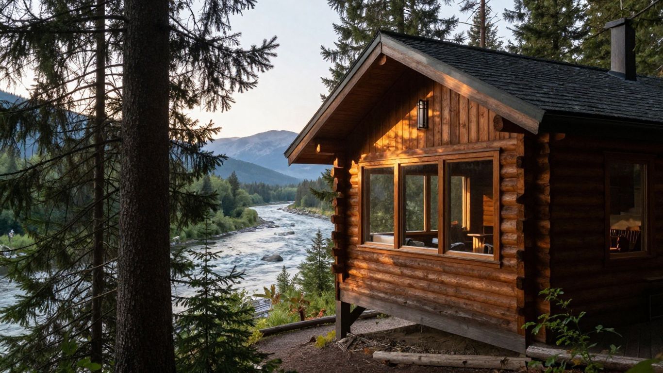 Log cabin by a river at sunset, with mountains and trees in the background