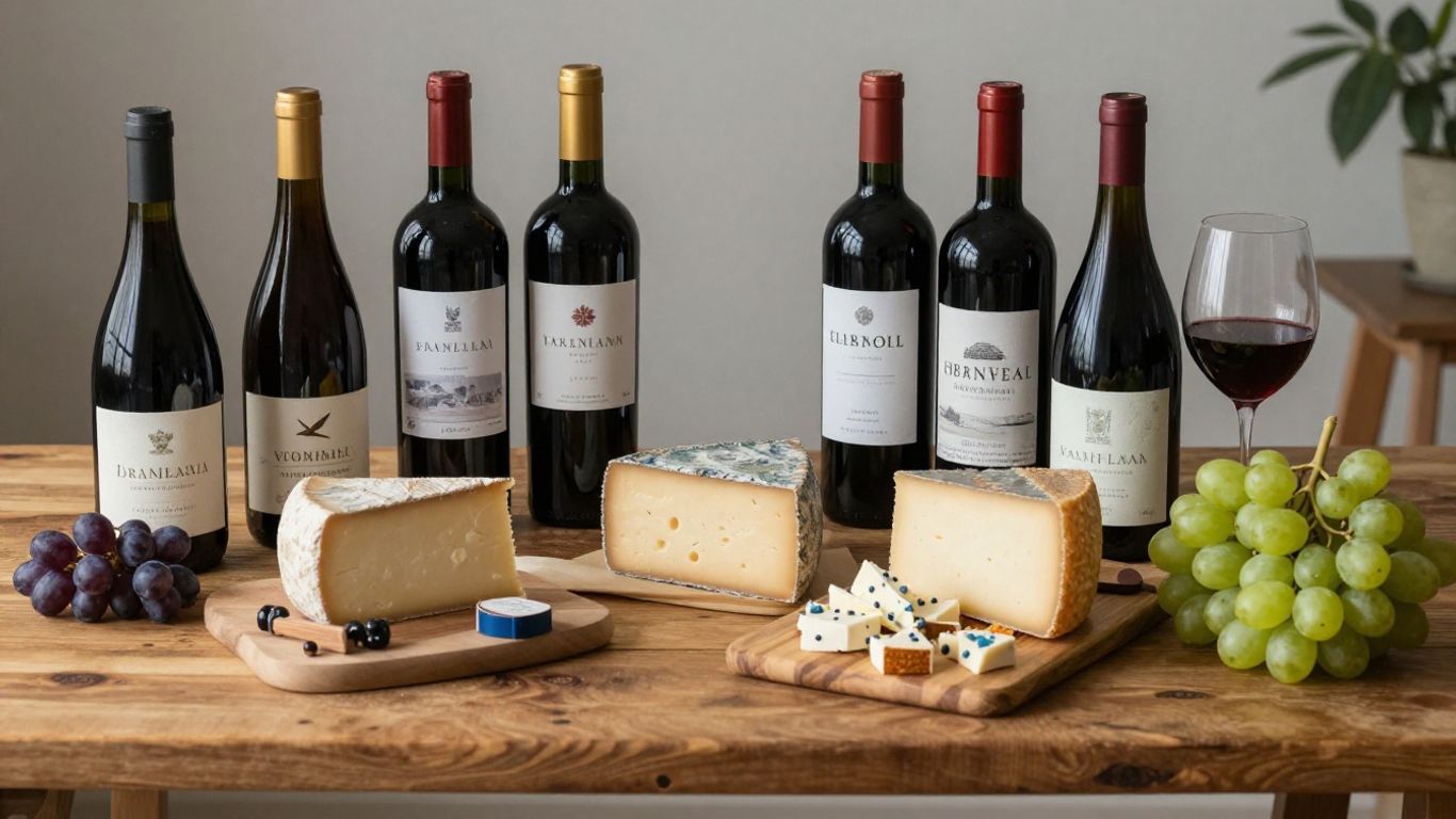 Wine and cheese tasting spread with bottles, cheese wedges, grapes, and glasses on a wooden table