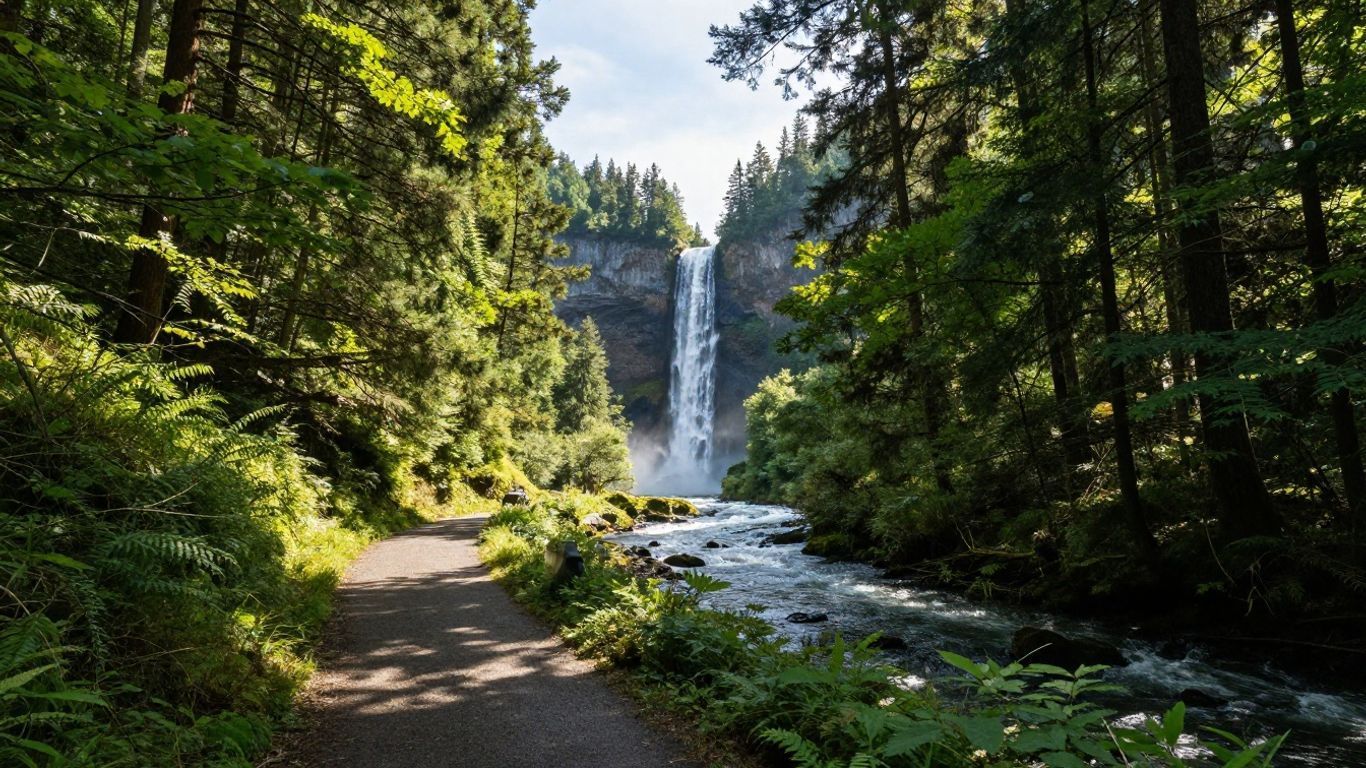 Forest trail beside a waterfall and river in bright sunlight