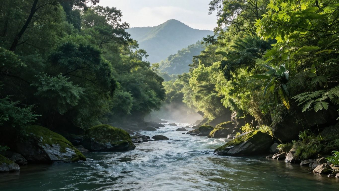 Lush tropical river flowing through dense green forest with misty mountains in the background