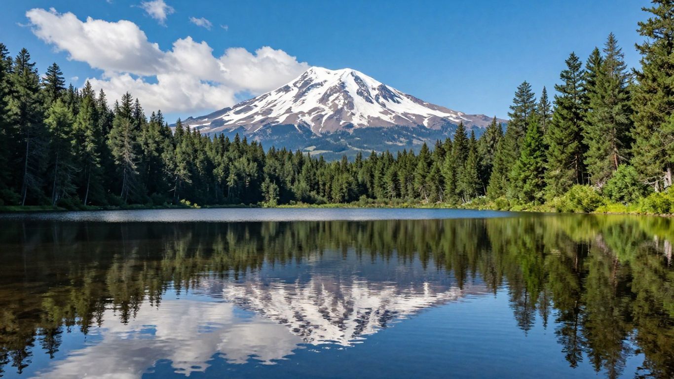 Snow-capped mountain reflected in a calm lake, framed by dense evergreen forest under a blue sky.