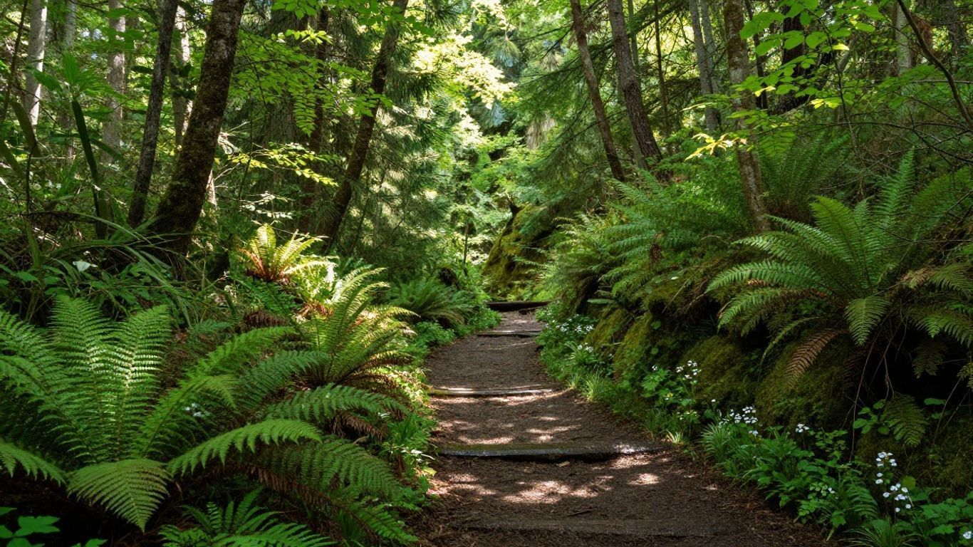 Sunlit forest path bordered by lush green ferns and tall trees