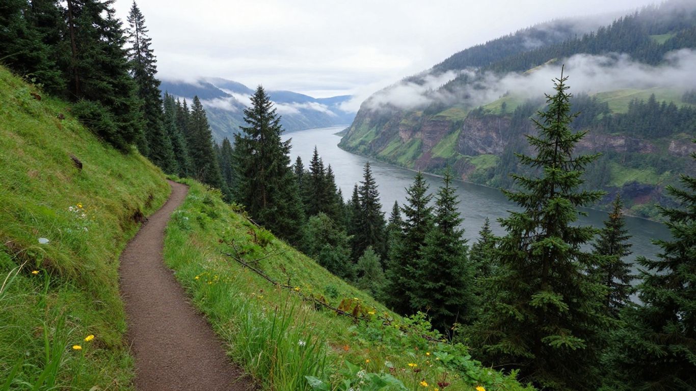 Narrow trail through lush green hills and evergreens overlooking a misty mountain lake under cloudy skies
