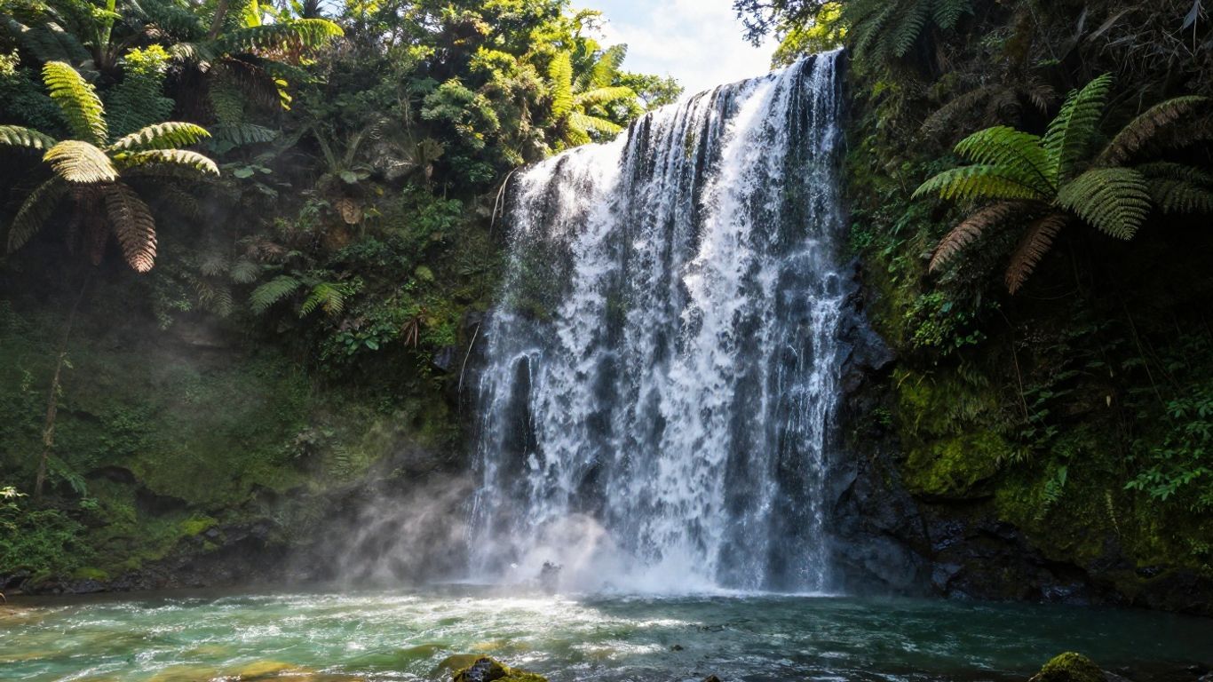 Lush tropical waterfall cascading into a green pool, surrounded by dense ferns and foliage.