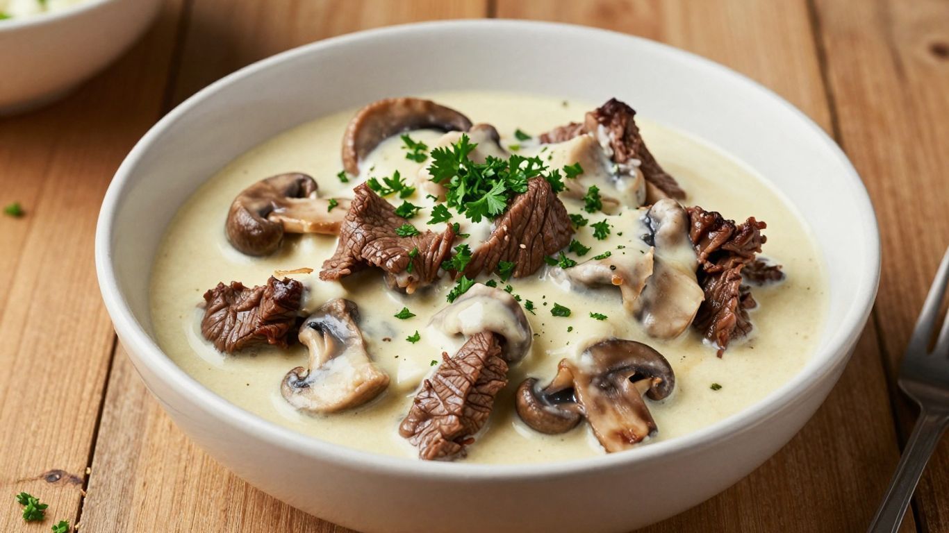 Creamy mushroom soup with beef pieces and parsley in a white bowl on a wooden table