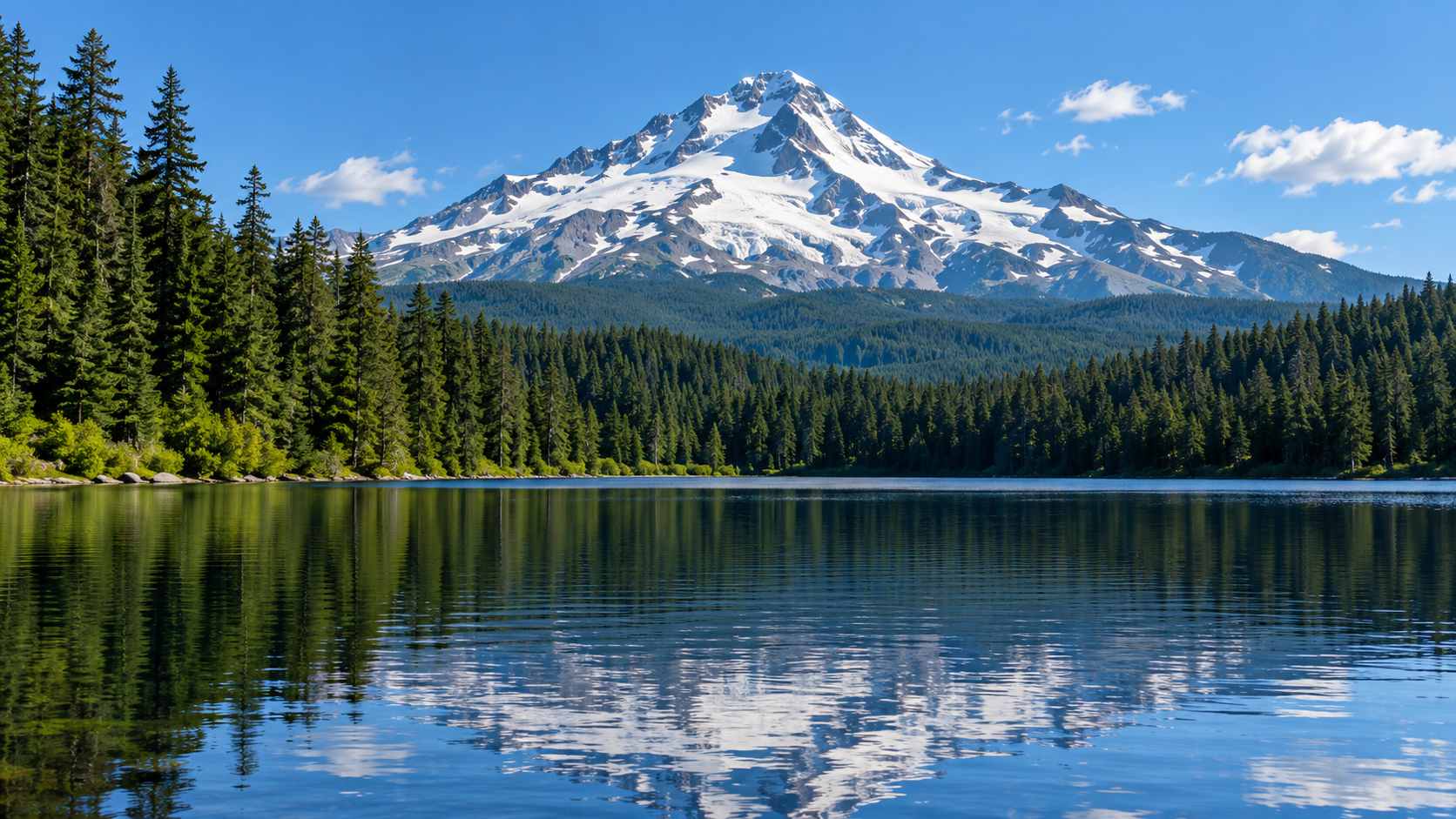 Snow-capped mountain reflected in a calm lake, with evergreen forest under a blue sky.