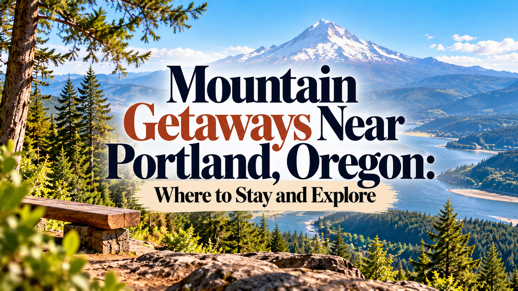 Mountain Getaways Near Portland, Oregon, with a snowy peak above evergreen forest and cabin views