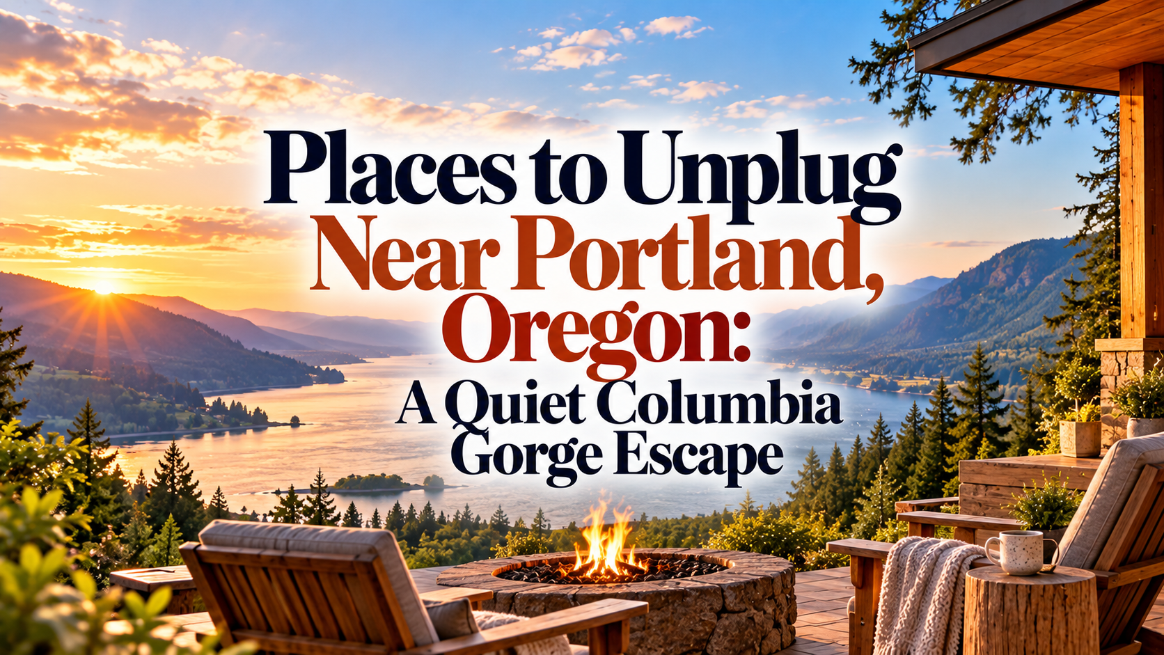 Sunset Columbia Gorge overlook with text: “Places to Unplug Near Portland, Oregon: A Quiet Columbia Gorge Escape”