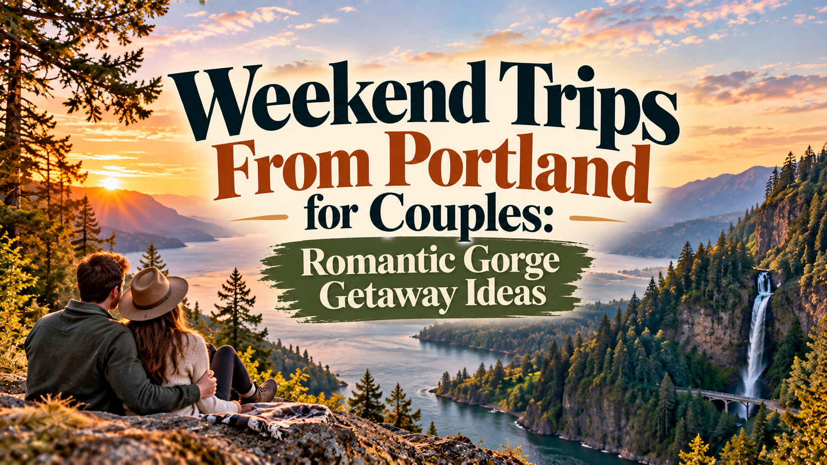 Couple overlooking a sunset gorge with text: “Weekend Trips From Portland for Couples: Romantic Gorge Getaway Ideas”