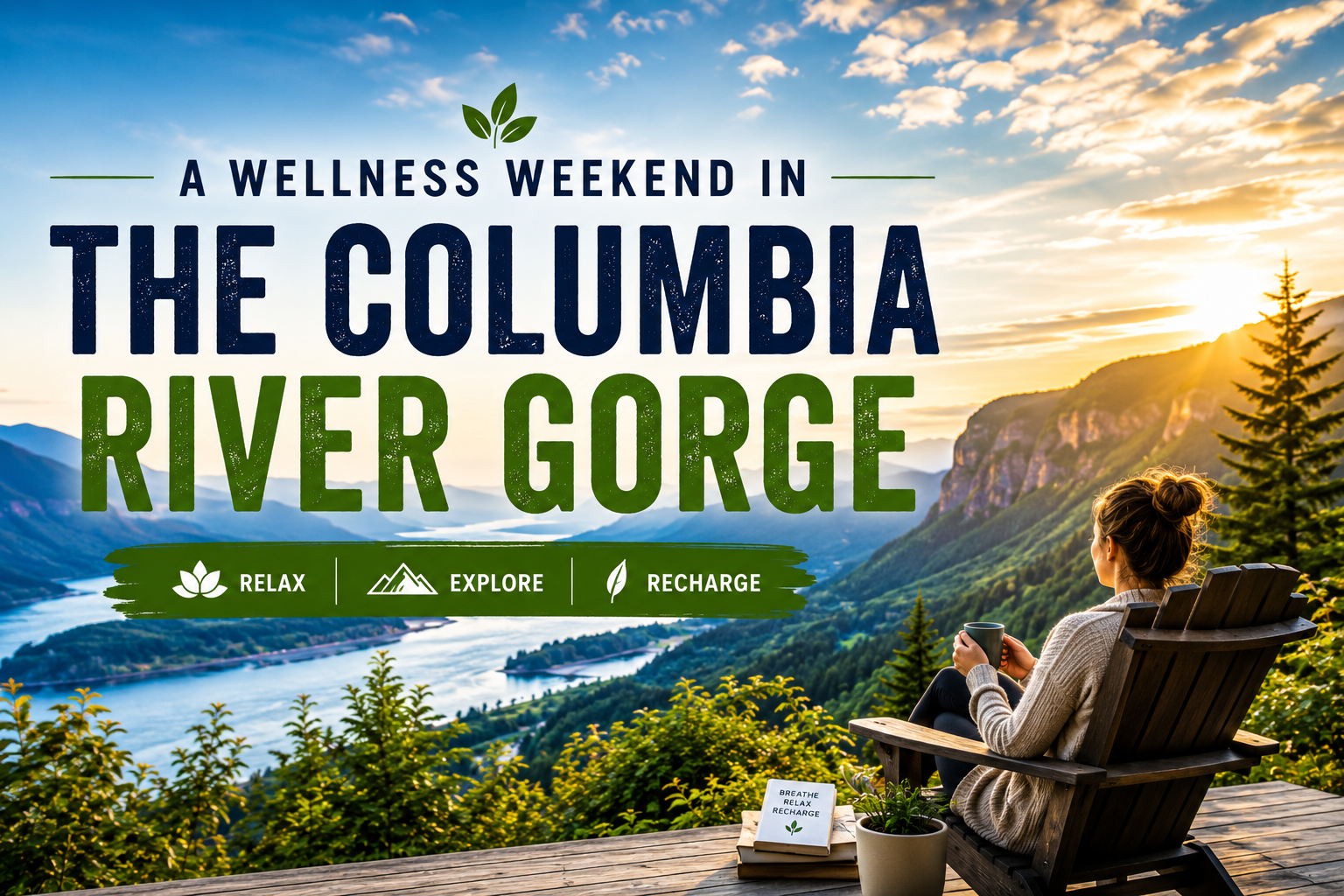 Wellness weekend in the Columbia River Gorge with sunset view and a person relaxing in a chair
