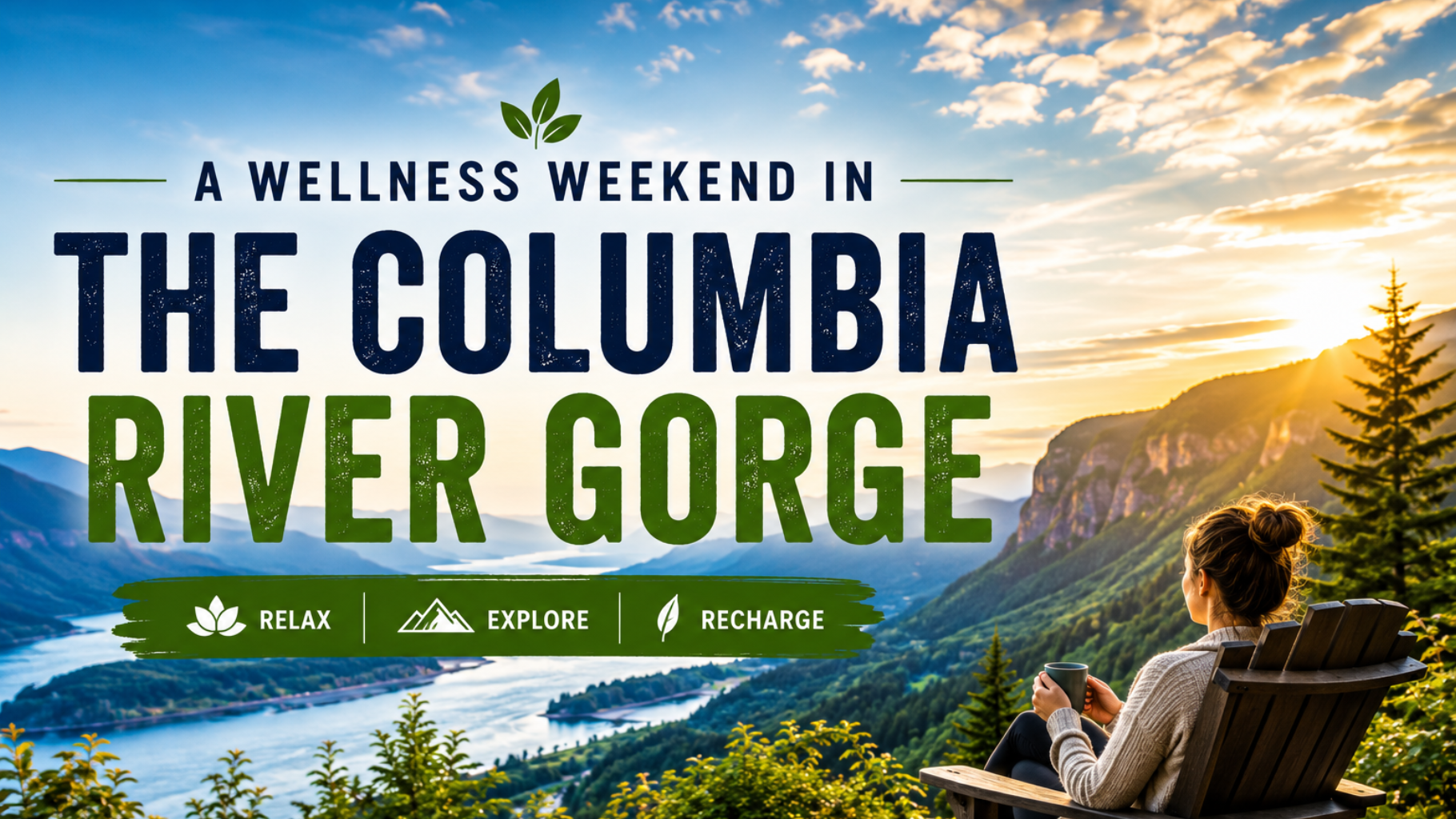 Wellness weekend in the Columbia River Gorge with mountains, river, and a person enjoying the view at sunset