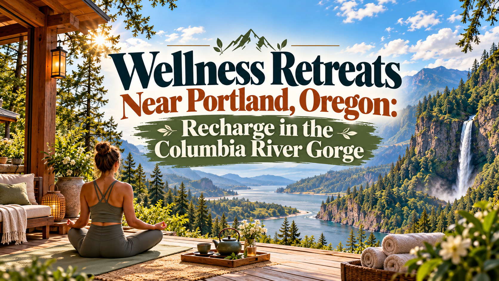 Wellness retreat over Columbia River Gorge at sunrise, with mountains, flowers, and a seated person meditating