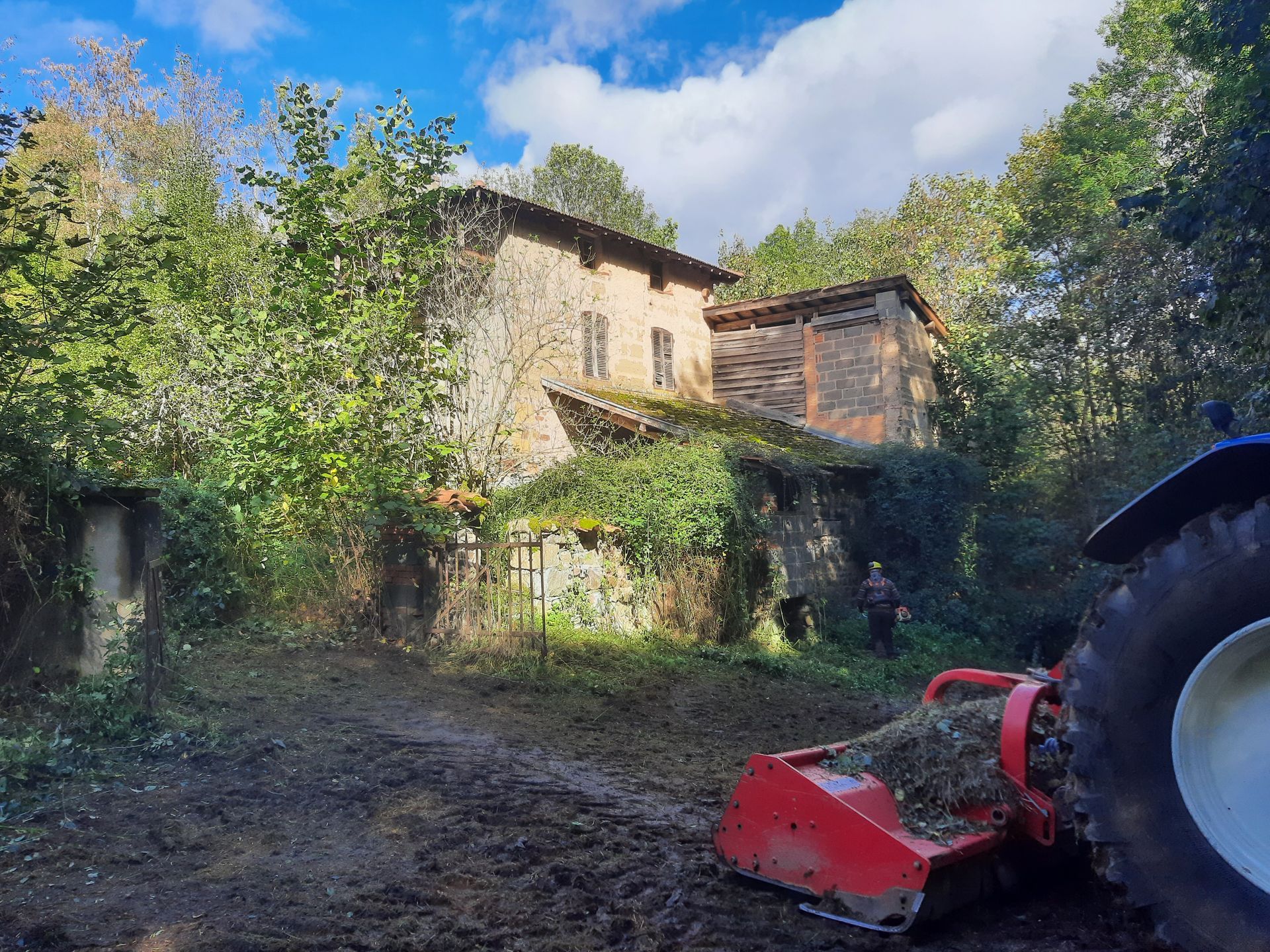 Nettoyage d'un terrain dans un parc forestier avec un tracteur