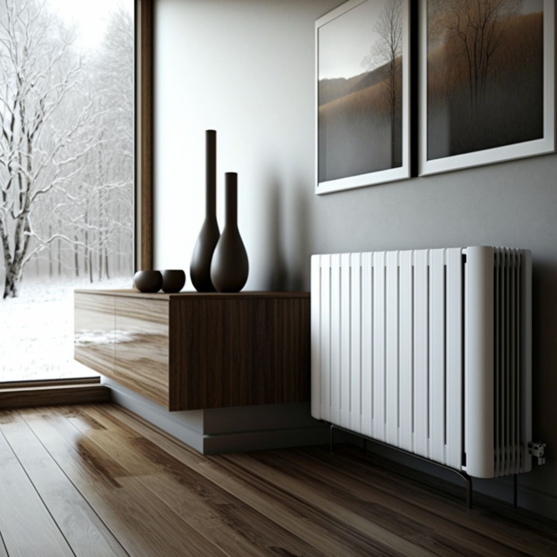 Une chambre moderne avec un radiateur blanc, un buffet en bois, deux vases et des tableaux, donnant sur une forêt enneigée.