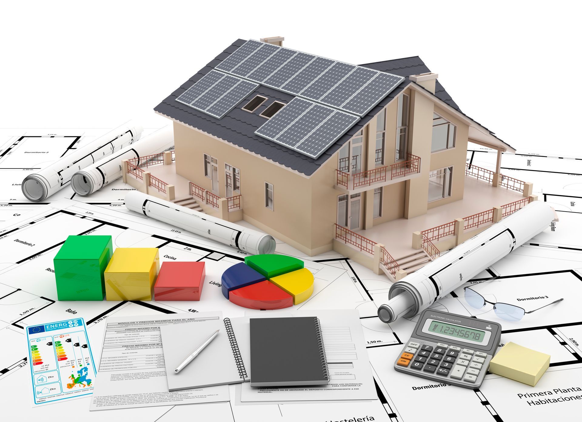 Es gibt ein Modell eines Hauses mit Solarzellen auf dem Dach.