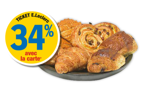 34 % en ticket E.Leclerc avec la carte sur toutes les viennoiseries au rayon viennoiserie traditionnelle. Présentation de 2 chocolatines, 2 croissants, 2 pains aux raisins et de 2 chaussons aux pommes dans un plat.