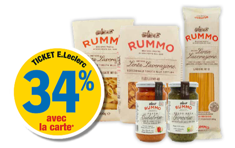 34 % en ticket E.Leclerc avec la carte sur les paquets de fusillis, pennes, linguines et sur les pots de sauce de la marque Rummo au rayon épicerie. Présentation d'un paquet de penne, d'un parquet de fusilli et d'un paquet de linguine avec 1 pot de pesto rouge et un pot de pesto vert.