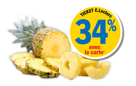 34 % en ticket E.Leclerc avec la carte sur les ananas fraîchement découpés au rayon fraîche découpe. Présentation d'un ananas coupé en tranches.