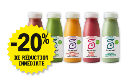 20 % de réduction immédiate sur toute la gamme Innocent. Présentation de 5 bouteilles au goût différent. 1 bouteille goût mangue, fruit de la passion et pomme, 1 bouteille goût ananas, fraise et pomme et 1 bouteille goût goyave, ananas et pomme.