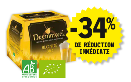 34 % de réduction immédiate sur les bières blonde BIO Dremmwel. Présentation d'un pack de bouteilles de bière de 12x25 centilitres soit 3 litres. Logo AB, Agriculture Biologique.