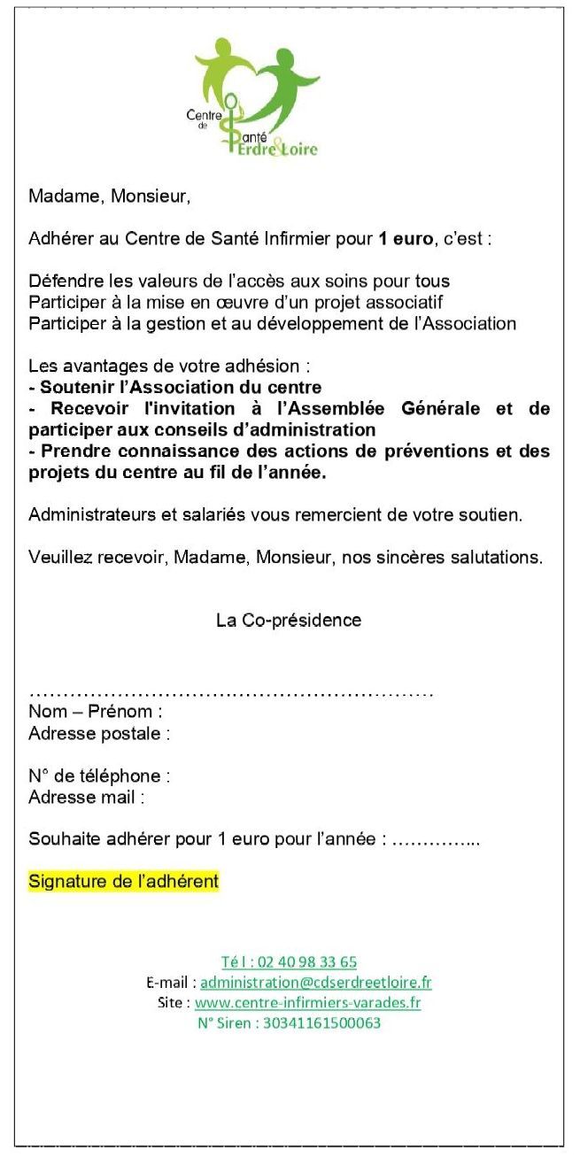Courrier d'adhésion à l'association