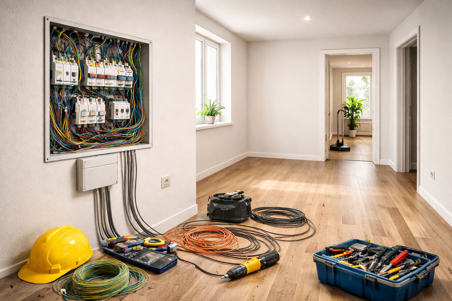 Un tableau électrique ouvert sur un mur, avec des outils, des câbles.