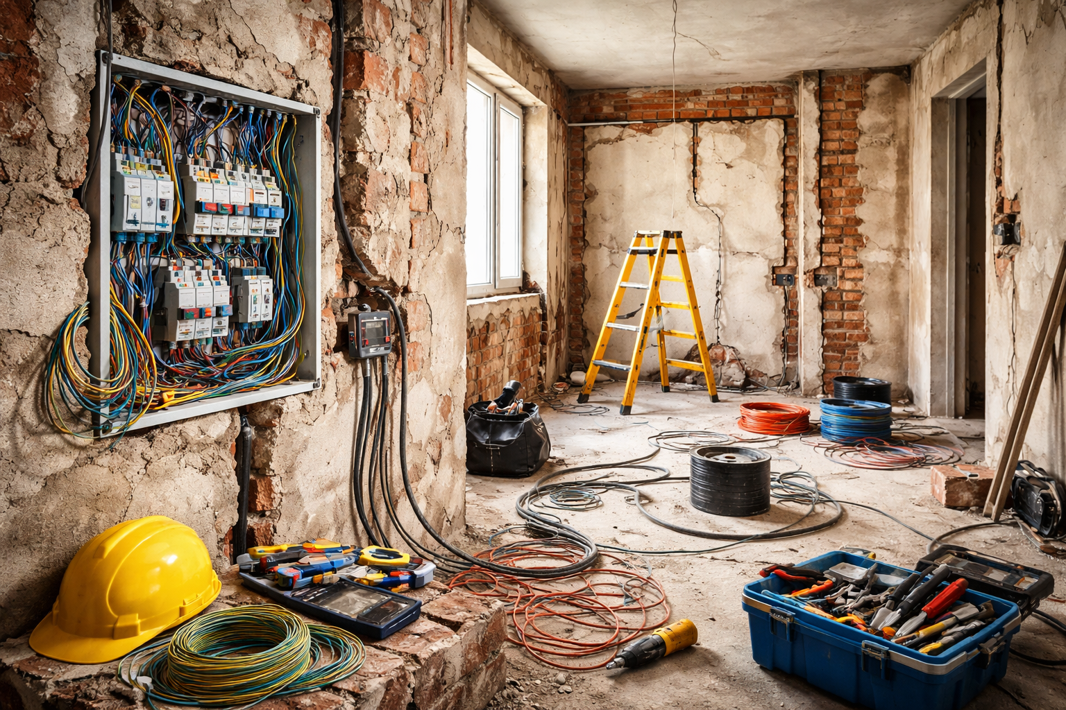 Chantier de construction montrant un tableau électrique ouvert sur un mur de briques.