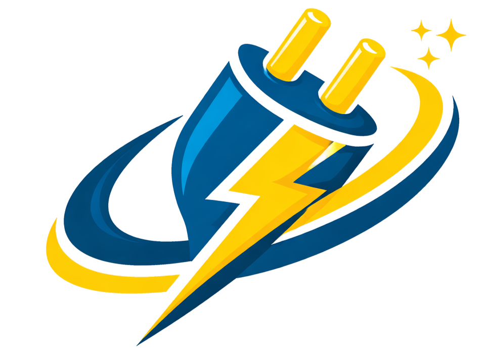 Icône de prise électrique bleue et jaune entourée d'un motif incurvé dynamique jaune et bleu orné d'étoiles scintillantes.