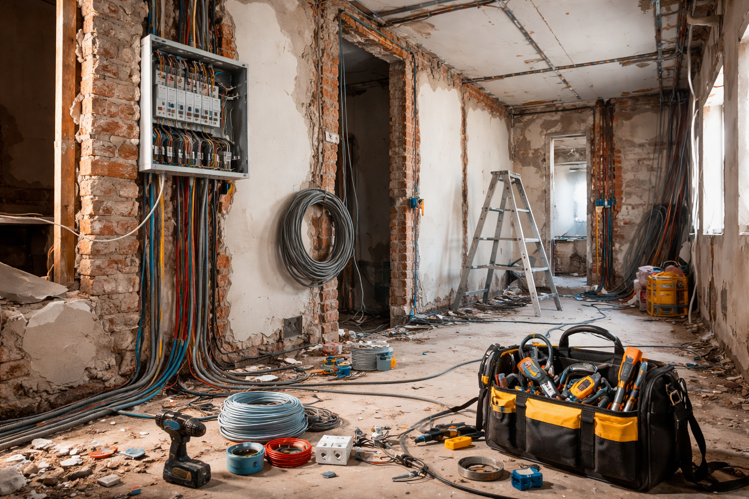 Rénovation électrique en cours : un tableau électrique ouvert, des fils électriques apparents, une échelle et une sacoche.