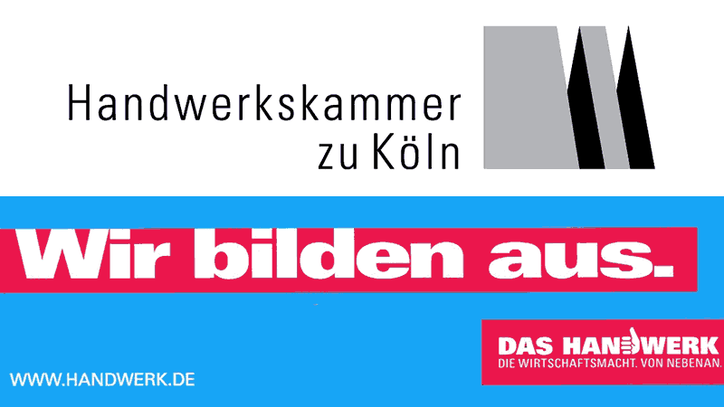 Ein blau-rotes Schild mit der Aufschrift „Wir bilden aus