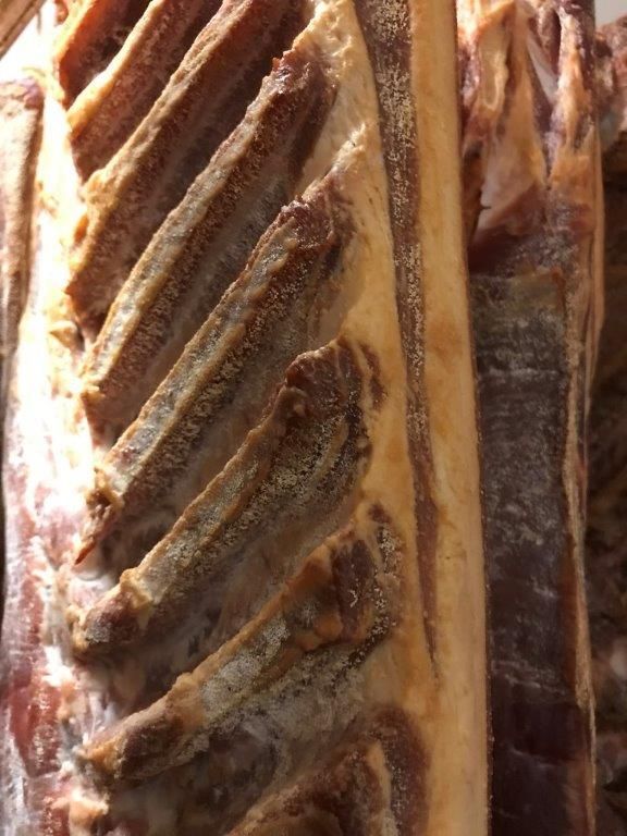 Nahaufnahme von gepökeltem Fleisch, die eine Reihe von Rippen und das umgebende Fleisch zeigt.