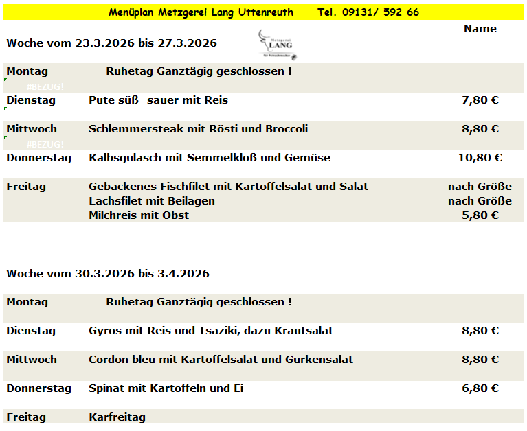 Weekly menu from Metzgerei Long Urteareth with dishes like Blue Zipfel, Linseneintopf, and Gyros.